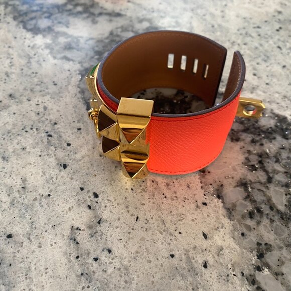 Authentic Hermes CDC Collier de Chien Orange Epsom Leather Bracelet GHW Gold - Picture 3 of 8